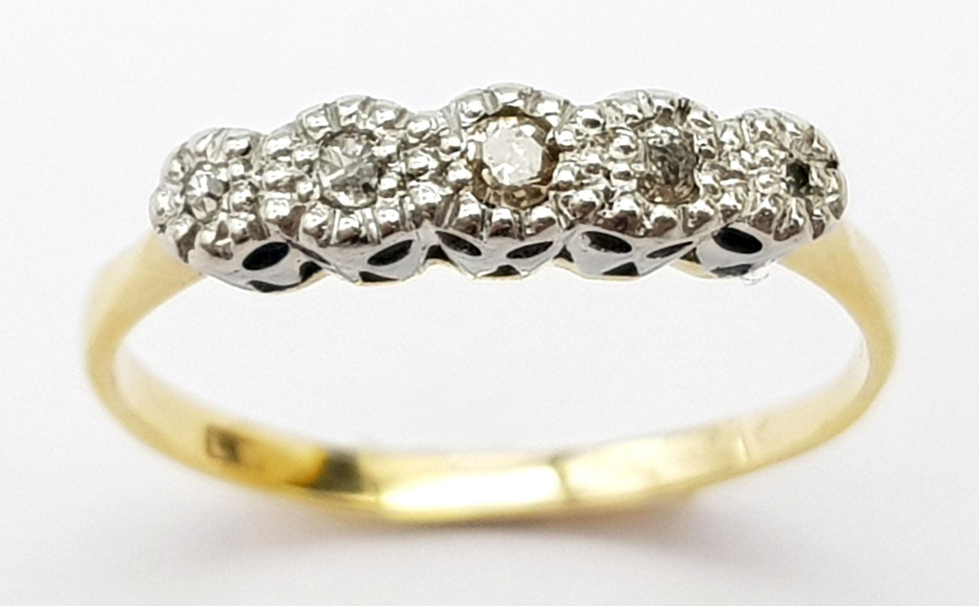 AN 18K YELLOW GOLD VINTAGE DIAMOND 5 STONE RING, Size J, 1.6g total weight. Ref: SC 8066 - Image 2 of 5