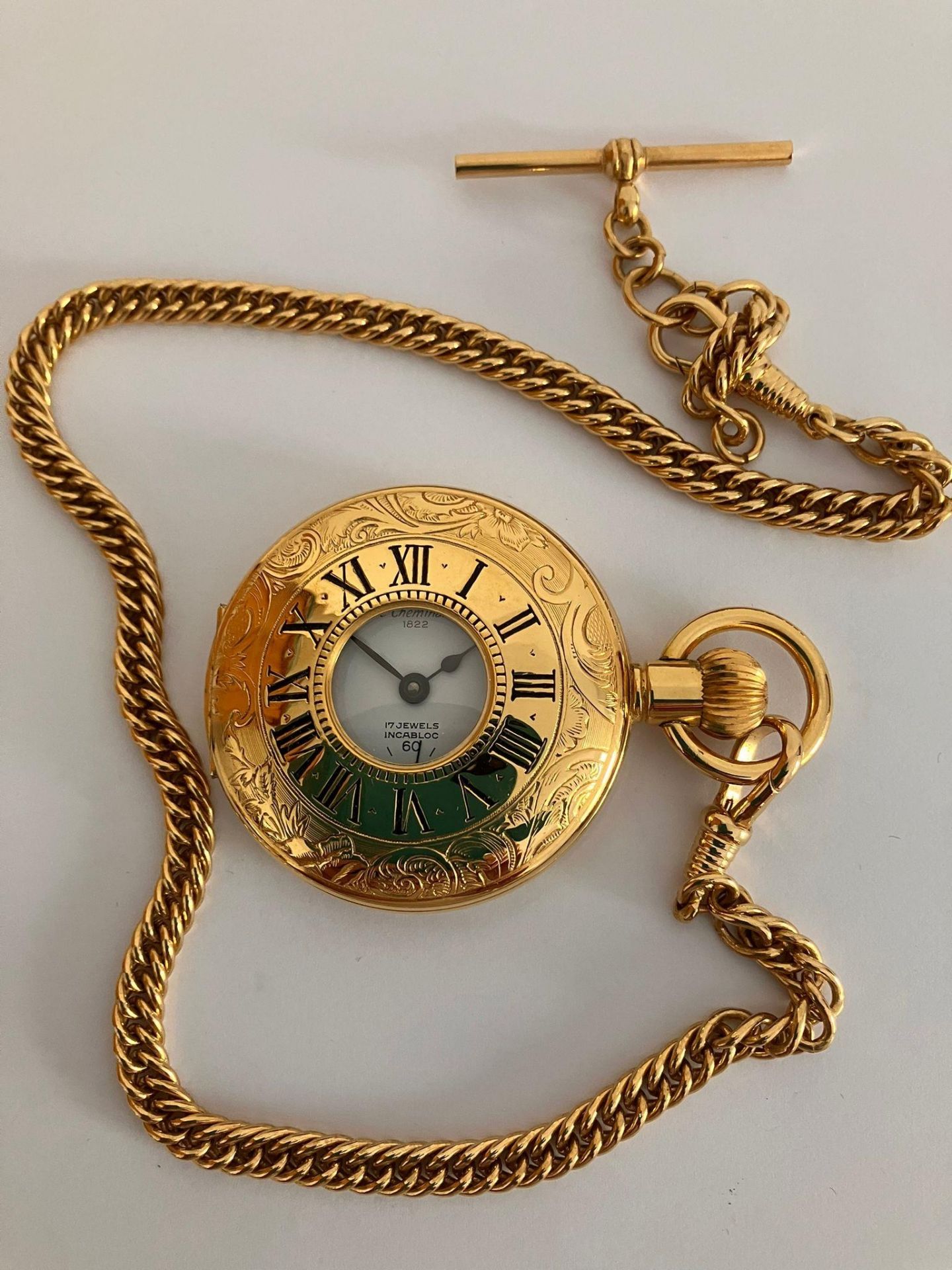 Le CHEMINANT Gilded HALF HUNTER POCKET WATCH.Having gilded chain with clasp and T-bar. Manual - Bild 11 aus 11