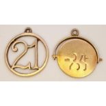 A 9K Yellow Gold '21' and a Spinning Love Pendant/Charm. 20mm. 1.87g total weight.