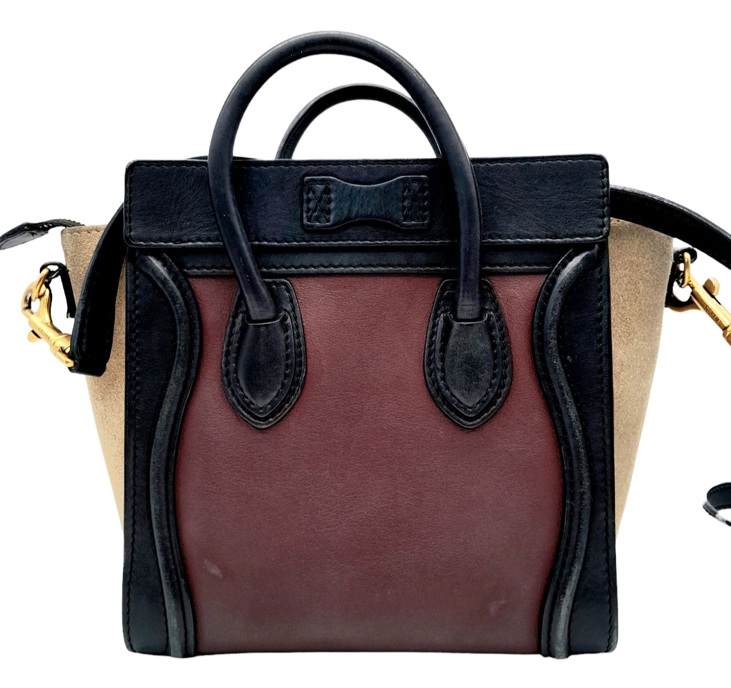 A Celine Tri Colour Hand/Shoulder Bag. Burgundy and black leather exterior with soft textile - Image 2 of 11