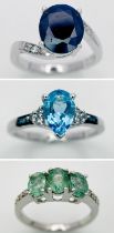 Three 925 Sterling Silver Gemstone Rings: Sapphire- Size P, Emerald - Size N and Topaz - Size S.