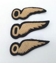 Set of 3 variations of the WW2 RAF Observers Flat Brevet Badges. Tailor’s Private Purchase display