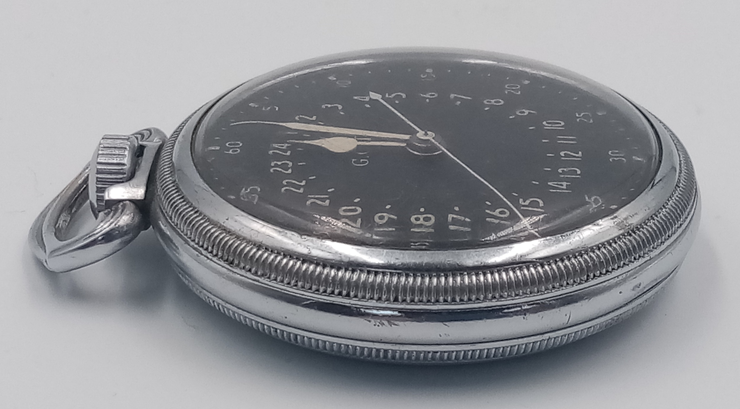 A WW2 Hamilton G.C.T. Navigators Pocket Watch. Top winder. Black dial. In working order. 51mm - Image 2 of 3