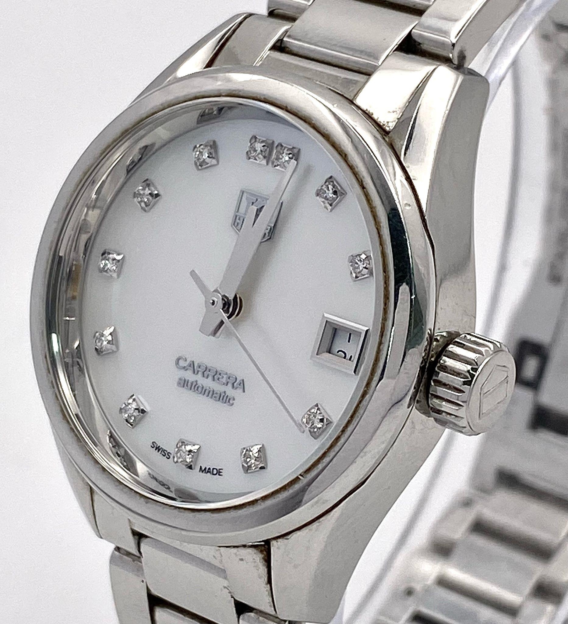 A Tag Heuer Carrera Diamond Ladies Automatic Watch. Stainless steel bracelet and case - 28mm. Mother - Image 4 of 10