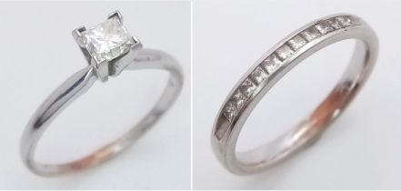 Two Different Style 14K White Gold Diamond Rings - Diamond solitaire - size N - 0.50ct princess cut.