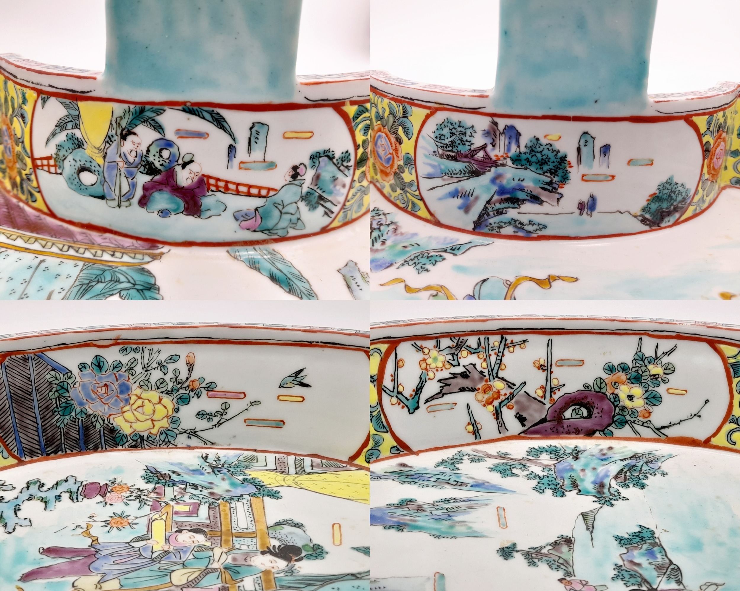 A Large Chinese Famille Rose Ceramic Hand Basket. Beautifully decorated with floral and courtyard - Image 6 of 6