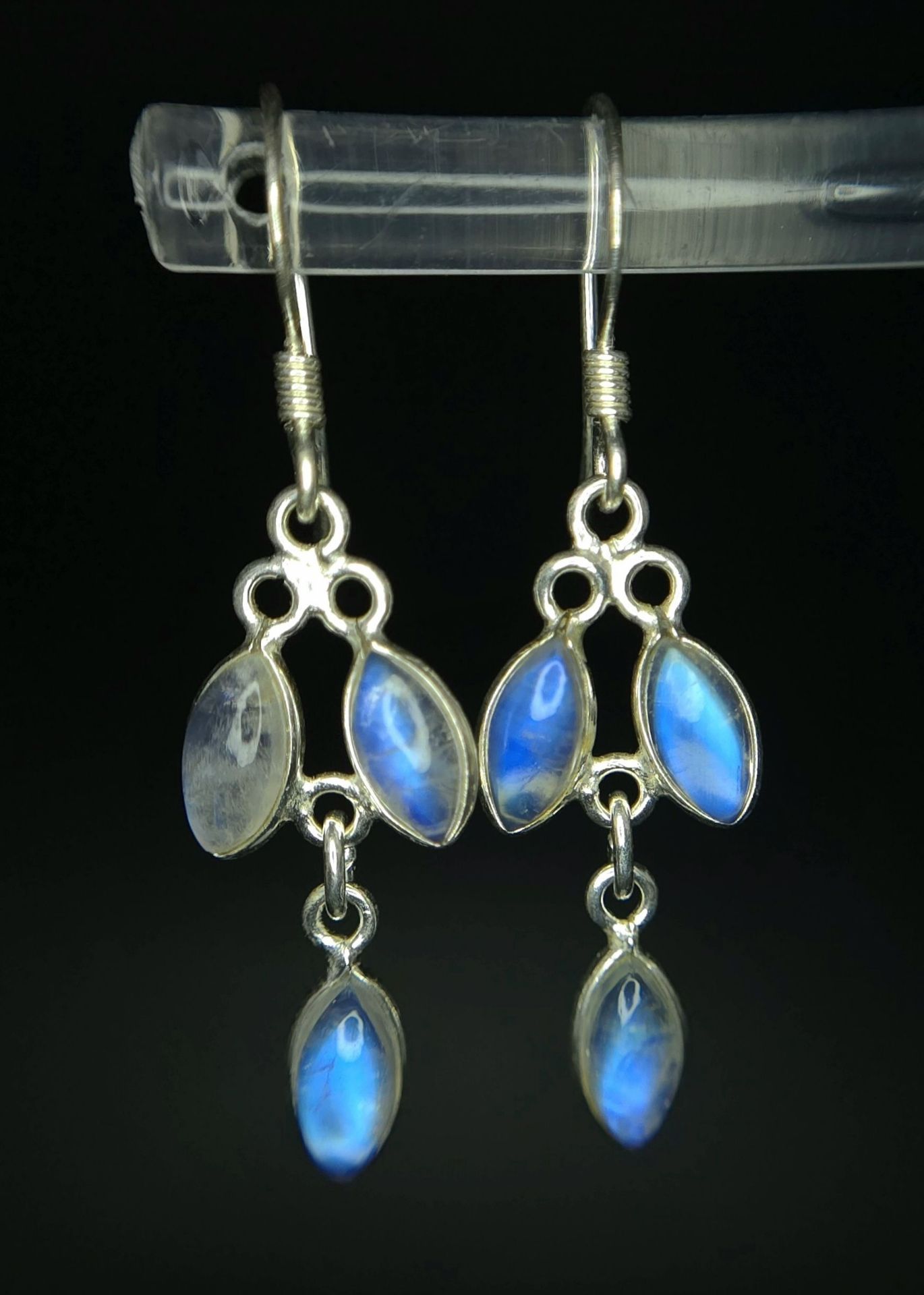 A Pair of Sterling Silver Lavaliere Design Oval Cut Moonstone Earrings. 4cm Length. Each Set with - Image 2 of 5