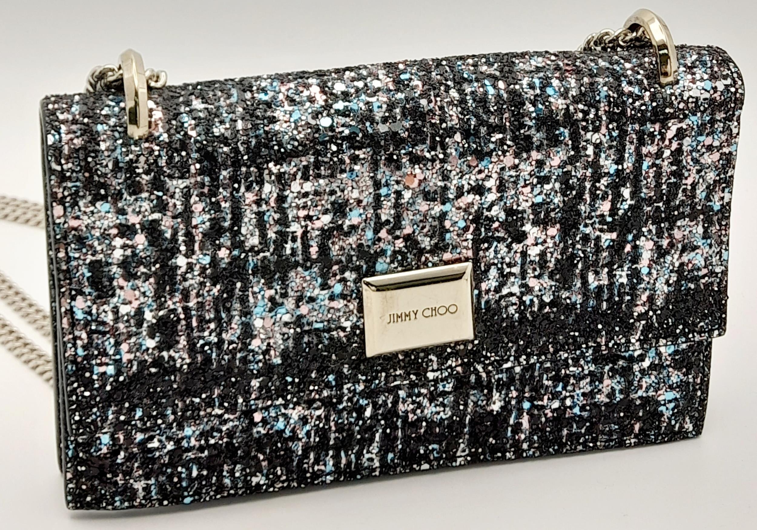 A Jimmy Choo 'Leni' Glitter Crossbody Bag. Black leather and blue, pink and black glitter exterior - Image 2 of 9