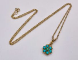 A 9K Yellow Gold Turquoise Pendant on a 9K Yellow Gold Disappearing Necklace. 2cm and 44cm. 1.75g
