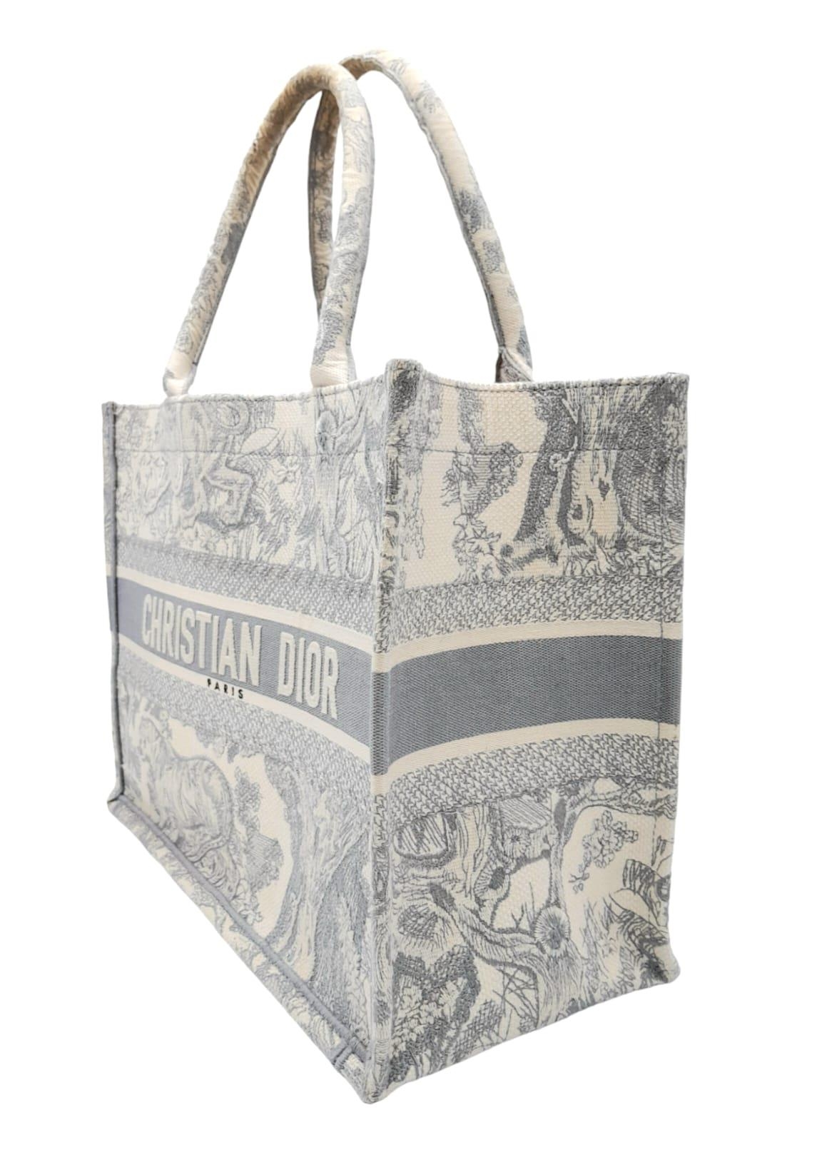 A Christian Dior small toile de jouy book tote bag, grey/white embroidery, top handles. Size approx. - Image 2 of 7