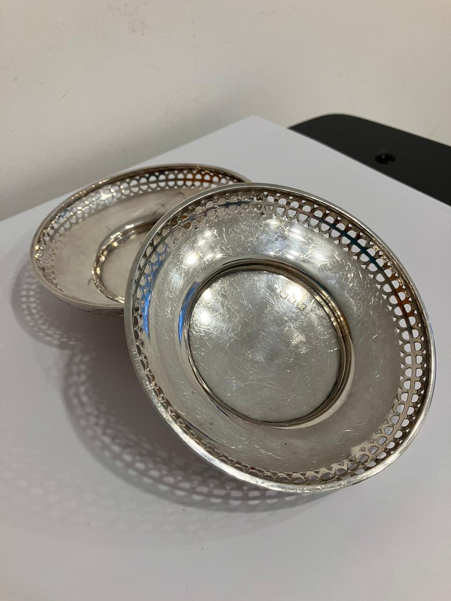 Antique SILVER Pair of BON BON DISHES. Hallmark for A and J Zimmerman, Birmingham 1925. Lovely art