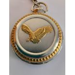 AMERICA SPORTS FULL HUNTER POCKET WATCH with Eagle detail. Finished in gold and silver tone with