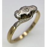 A Vintage 18K Yellow Gold, Platinum and Old Cut Diamond Crossover Ring. Three old cut gypsy-set