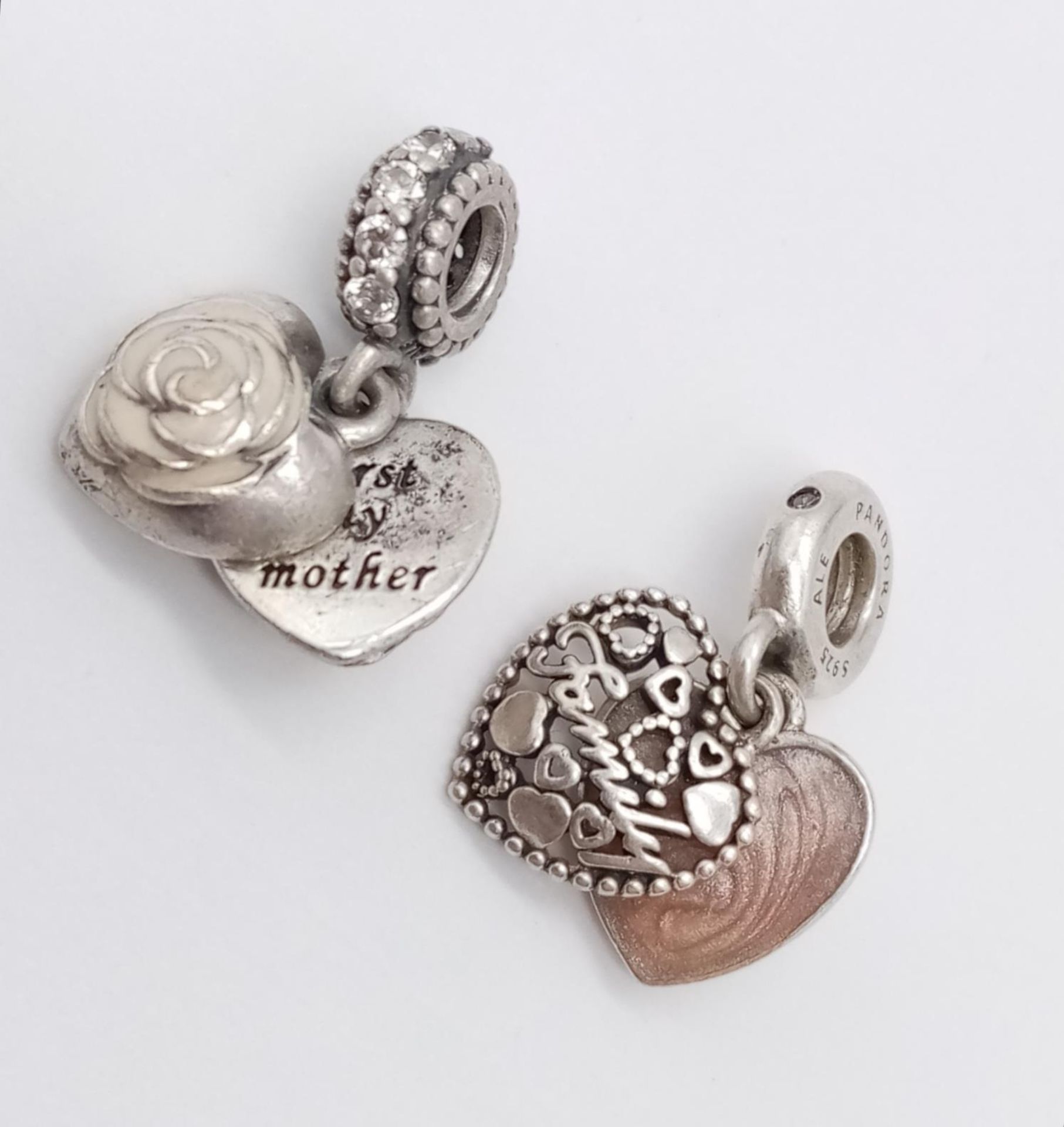2 x Pandora Sterling Silver Heart Charms - one says 'Family' and the other says 'First My Mother, - Image 2 of 7