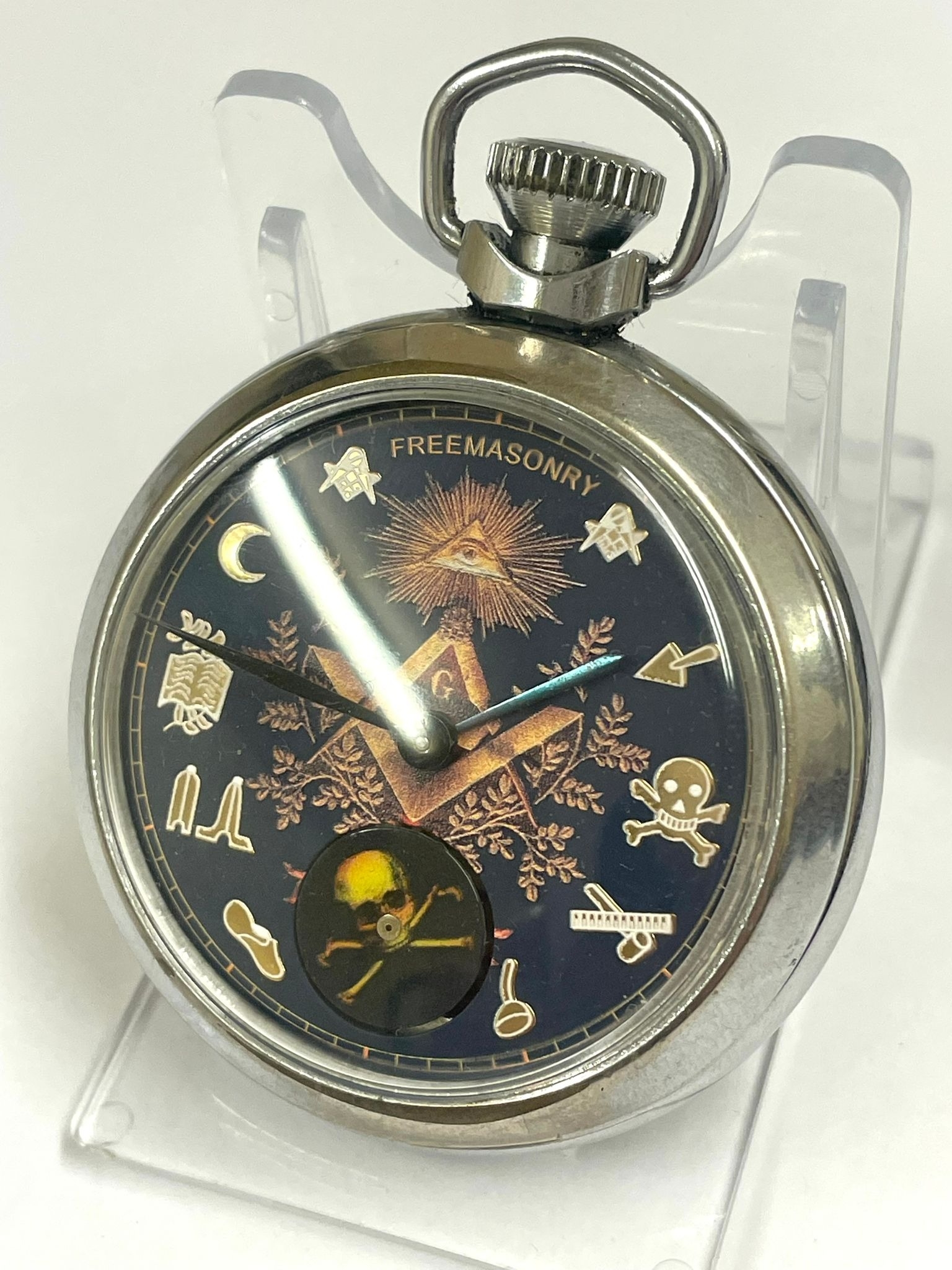 Vintage Masonic automaton pocket watch rotating skull as watch ticks . Working - Image 2 of 2