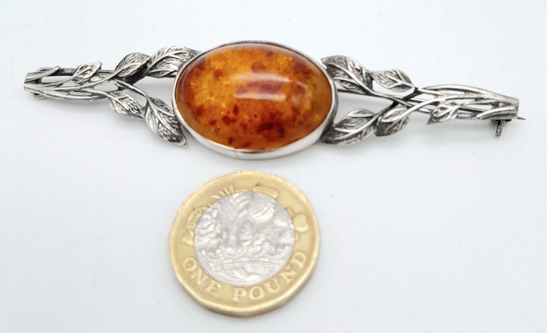 A Vintage Silver Amber Cabochon Brooch. 9cm. - Image 3 of 3