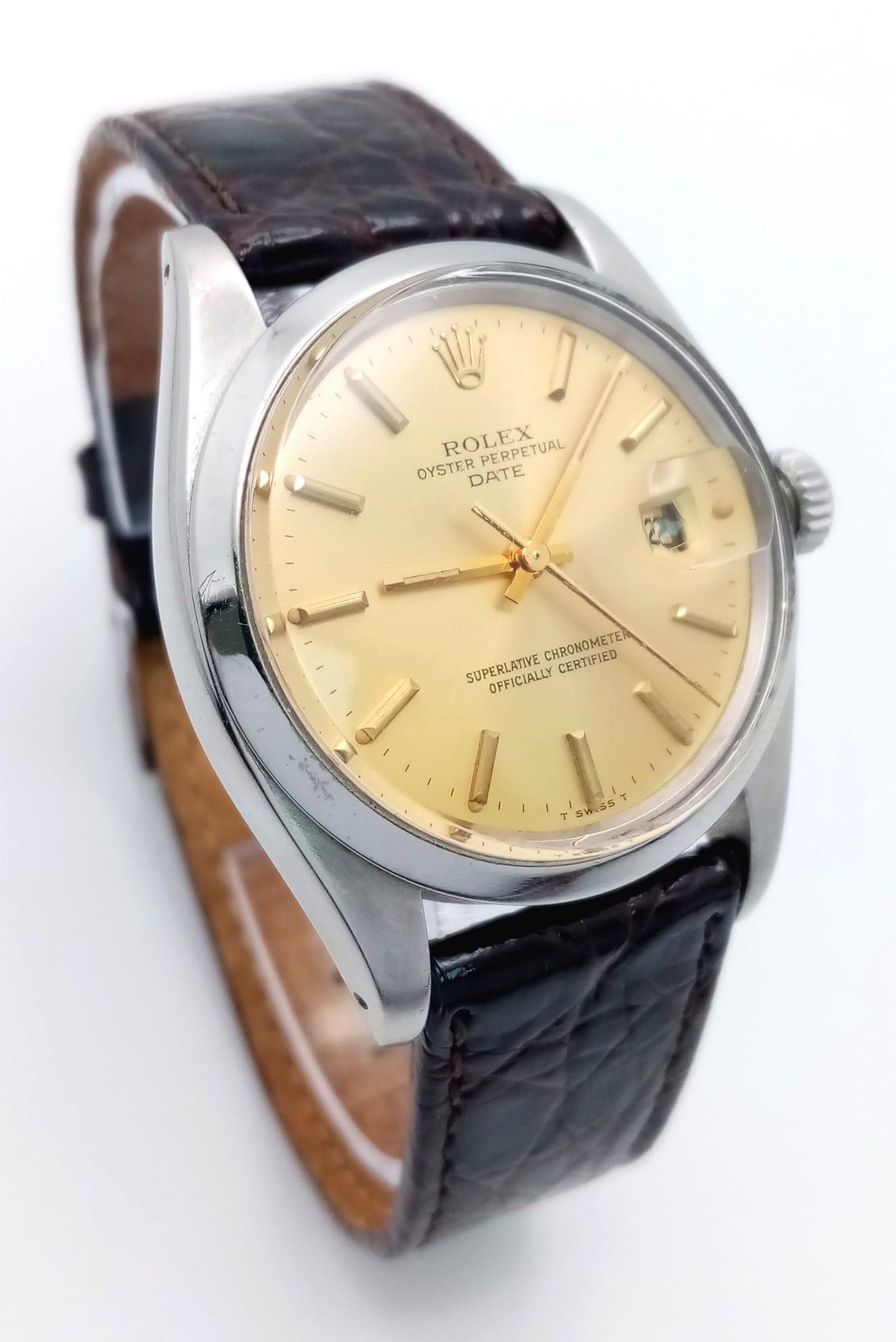 A Rolex Model 1500 Oyster Perpetual Date Automatic Gents Watch. Brown leather strap. stainless steel - Image 3 of 9