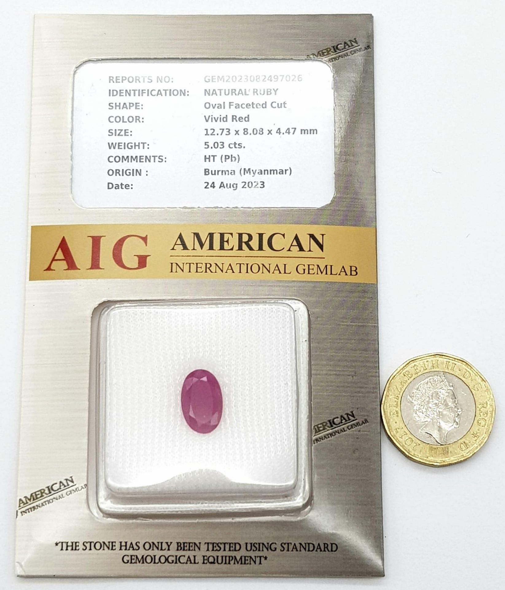 A 5.03ct Rare Burmese Ruby Gemstone - AIG certified in a sealed container. - Image 2 of 4