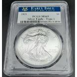 A Limited Edition (1 of 200), Early Issue Fine Silver Slabbed and Cased 2021 Silver Eagle with