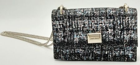 A Jimmy Choo 'Leni' Glitter Crossbody Bag. Black leather and blue, pink and black glitter exterior