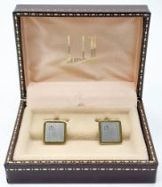 A Pair of Square Two-Tone Yellow Gold Gilt and Silver Panel Inset Cufflinks by Dunhill in their