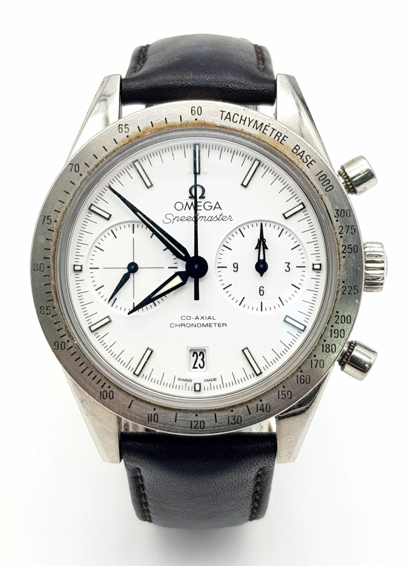 An Omega Speedmaster Automatic Co-Axial Chronograph Gents Watch. Black leather tag strap.