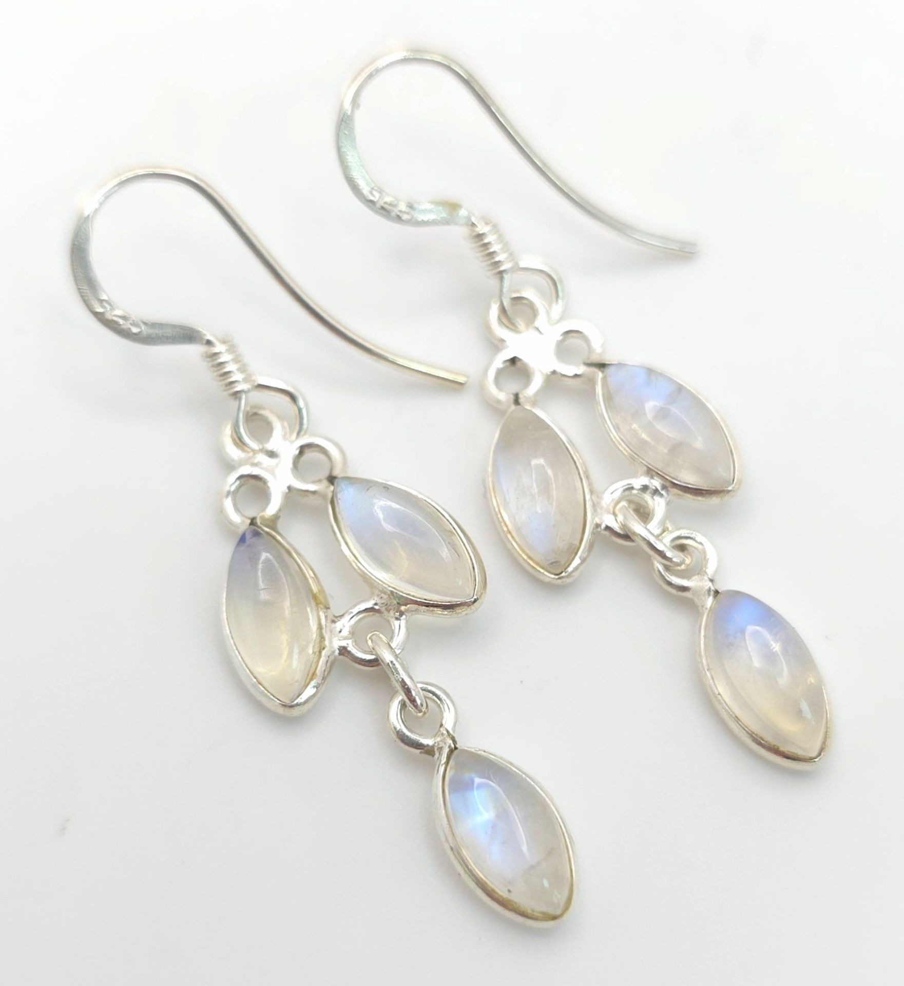 A Pair of Sterling Silver Lavaliere Design Oval Cut Moonstone Earrings. 4cm Length. Each Set with - Image 3 of 5