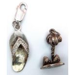 2 x Sterling Silver Holiday Themed Charms - palm tree and glitzy sandal. 2.1cm and 3.5cm, 4.1g total