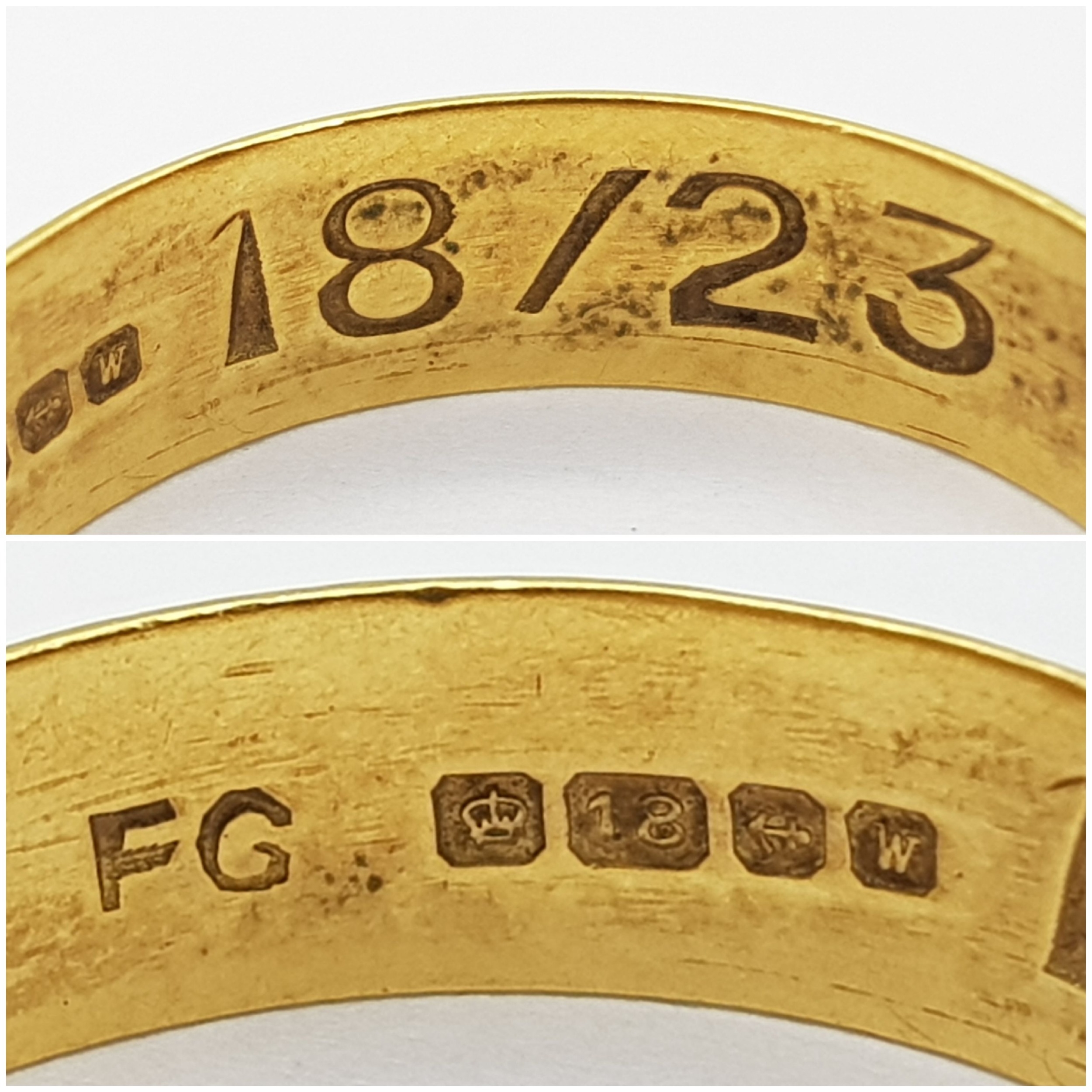 A Vintage 18K Yellow Gold Band Ring. 5mm width. Size O. 3.51g weight. Full UK hallmarks. - Image 4 of 4