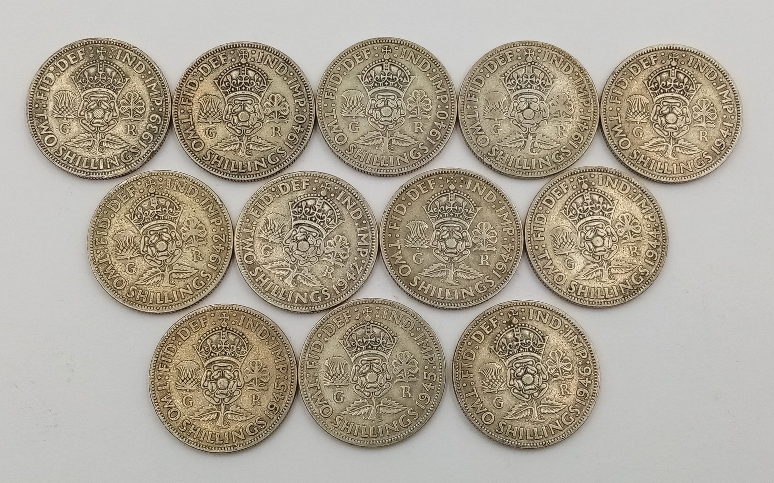 A Parcel of Twelve Pre-1947 Silver Two Shilling (Florin) Coins. Dates: 1 x 1939, 2 x 1940, 2 x 1941, - Image 2 of 2