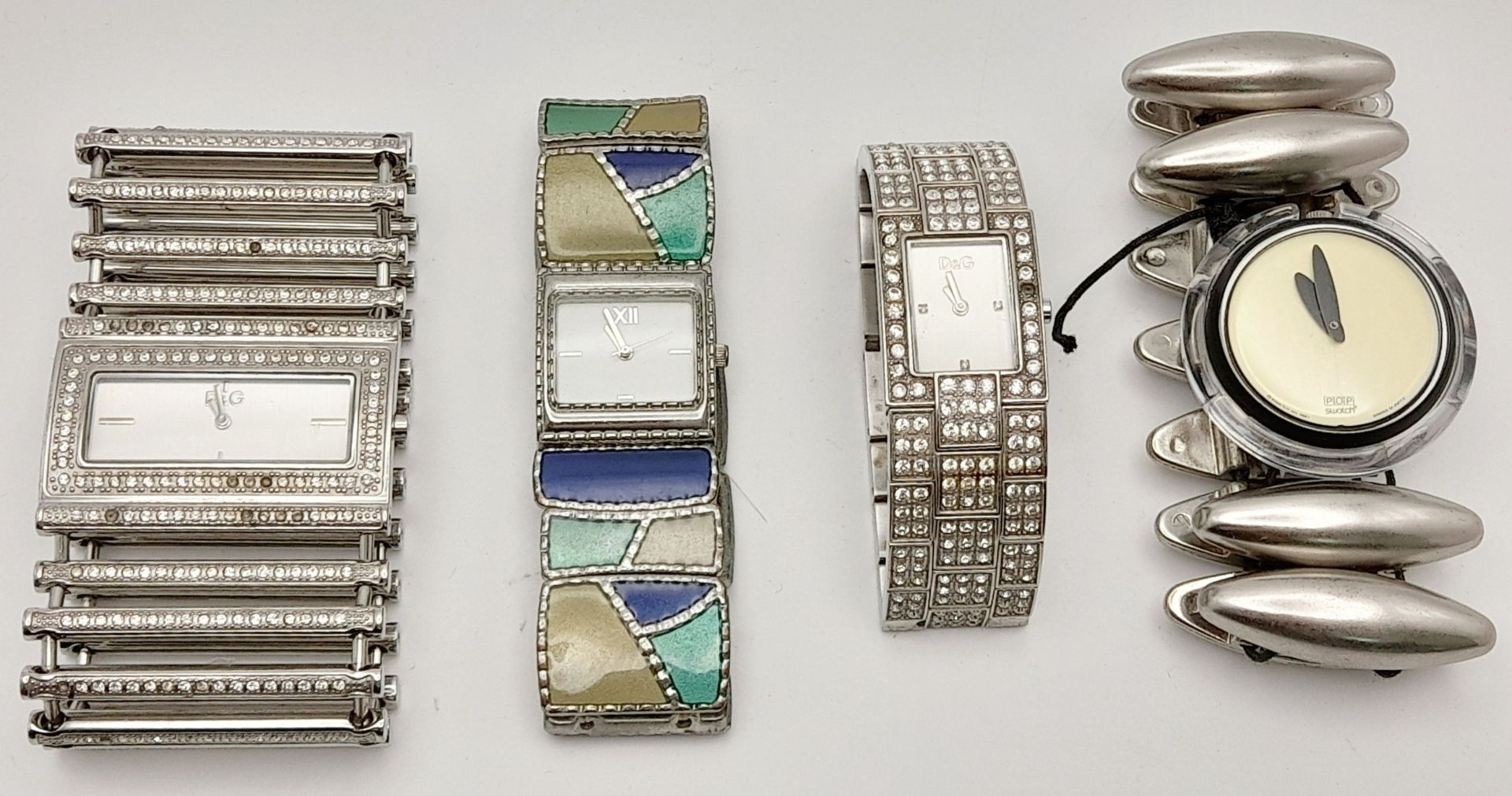 A Parcel of Four Vintage Ladies Bracelet Dress Watches. Comprising: 1) A Crystal Set Wide Bar Quartz