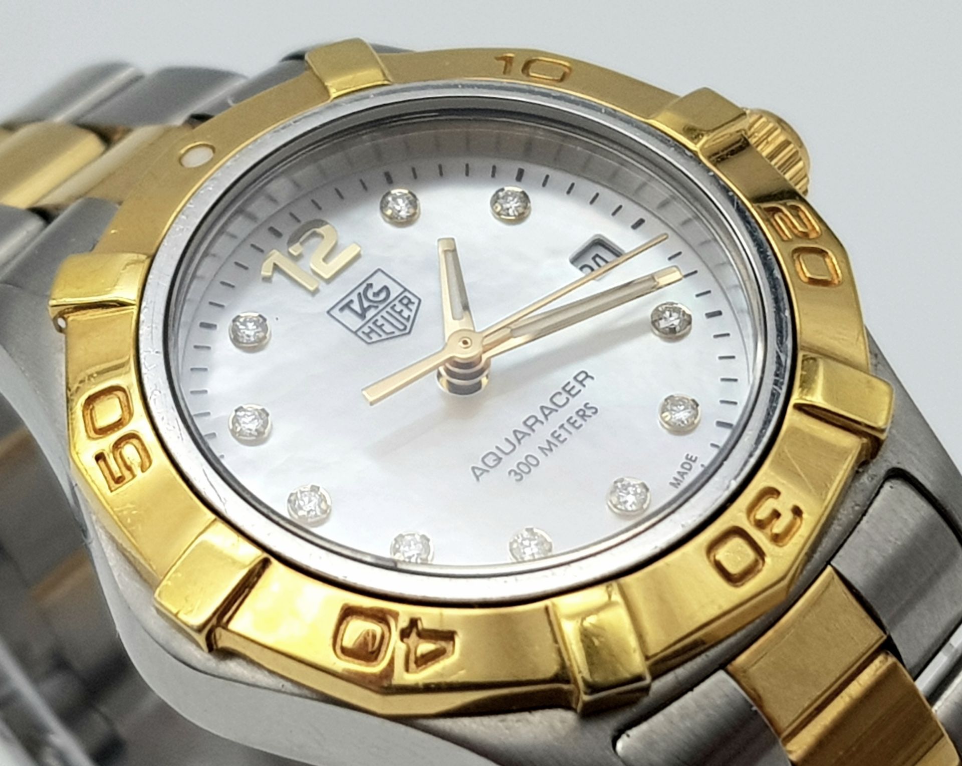 A TAG-HEUER LADIES BI-METAL "AQUARACER" WITH MOTHER OF PEARL DIAL AND DIAMOND NUMERALS , COMES IN - Image 2 of 8