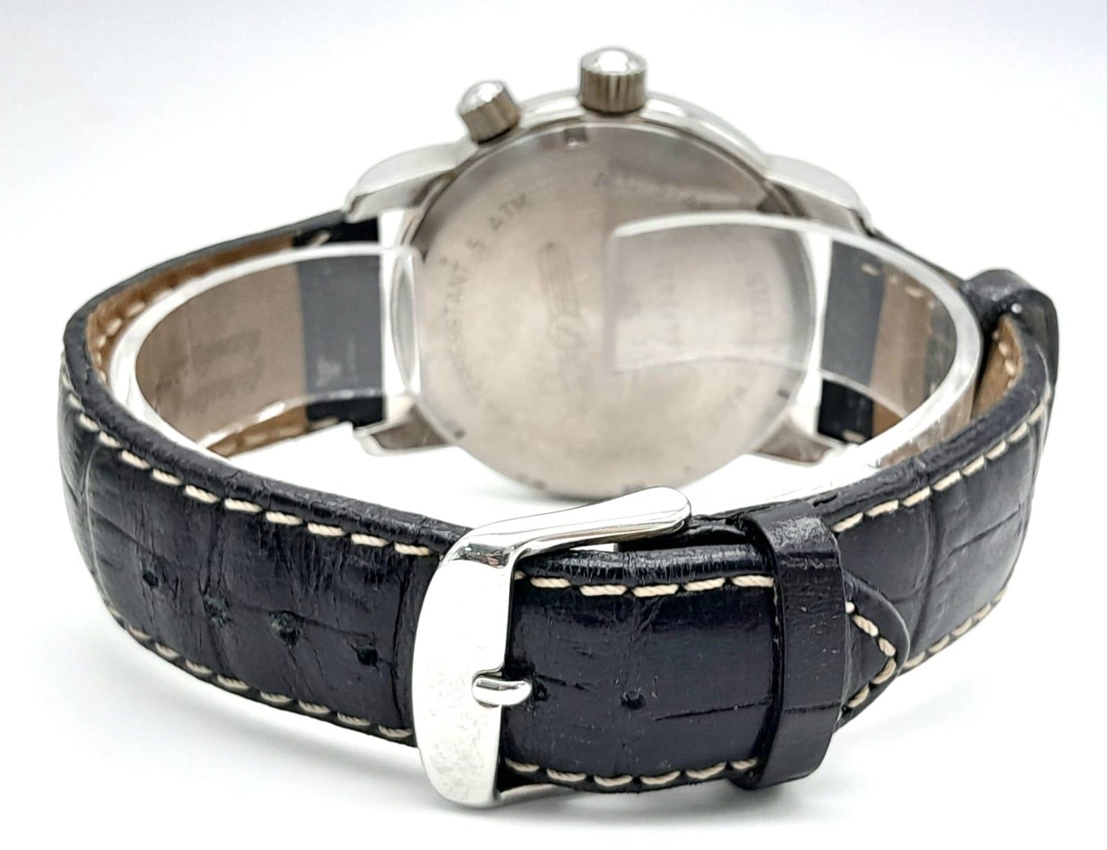 A German Made Zeppelin Dual Time Gents Quartz Watch. Black leather strap. Stainless steel case - - Image 4 of 7