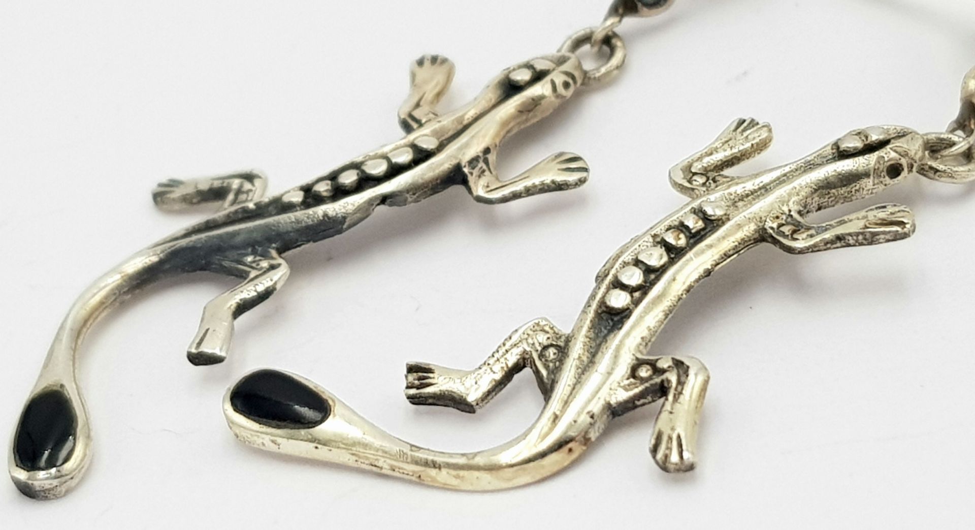 A Pair of Black Onyx Set Lizard Design Earrings. 4.4cm Drop. Set with 4mm Long Oval Cut Onyx. - Image 3 of 5