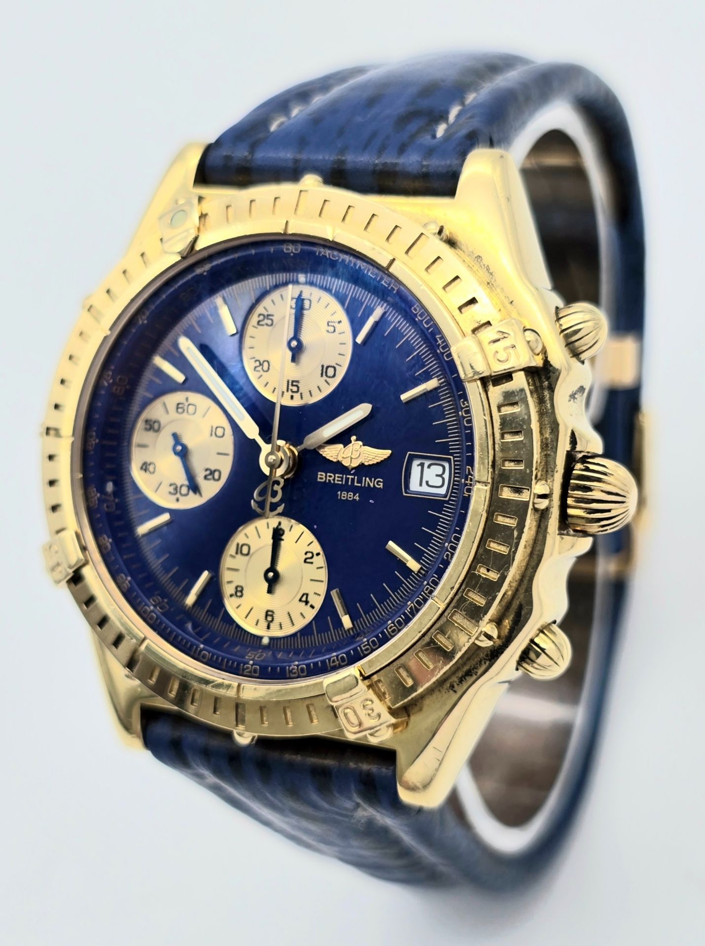 An 18K Gold Breitling Chronograph Gents Watch. Breitling blue leather strap with 18k gold clasp. 18k - Bild 2 aus 8