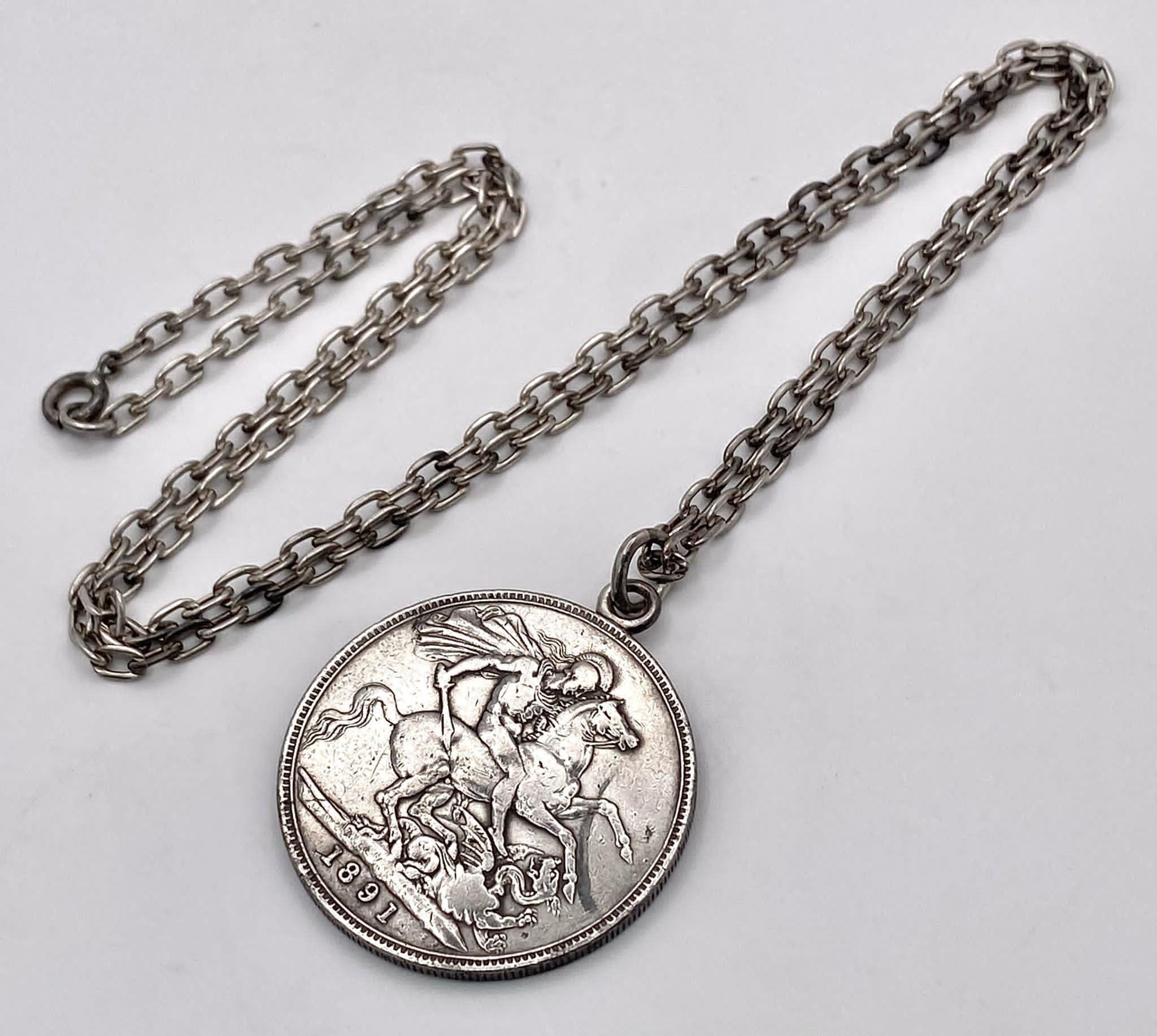 An 1891 Queen Victoria Silver Crown in a Pendant Setting on a Sterling Silver Chain. 41.21g total - Image 4 of 6