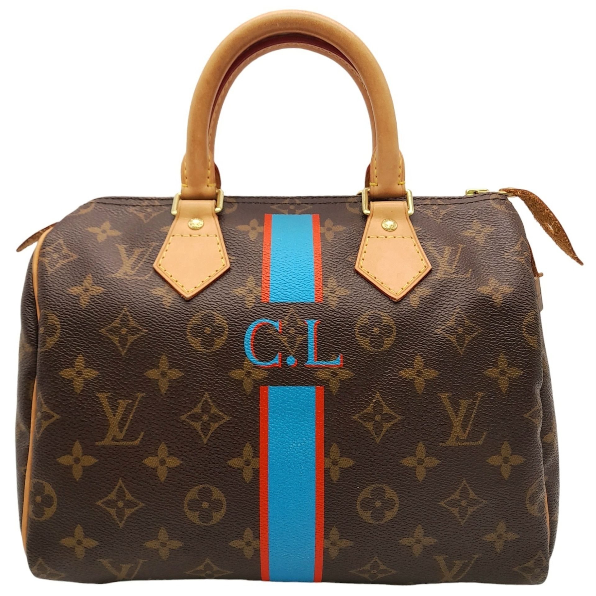 A Louis Vuitton Monogram Stripe Canvas Speedy Perso Bag. LV monogram canvas exterior with C.L.