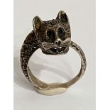 Antique SOLID SILVER CAT RING. af. Size N 1/2.