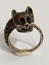 Antique SOLID SILVER CAT RING. af. Size N 1/2.