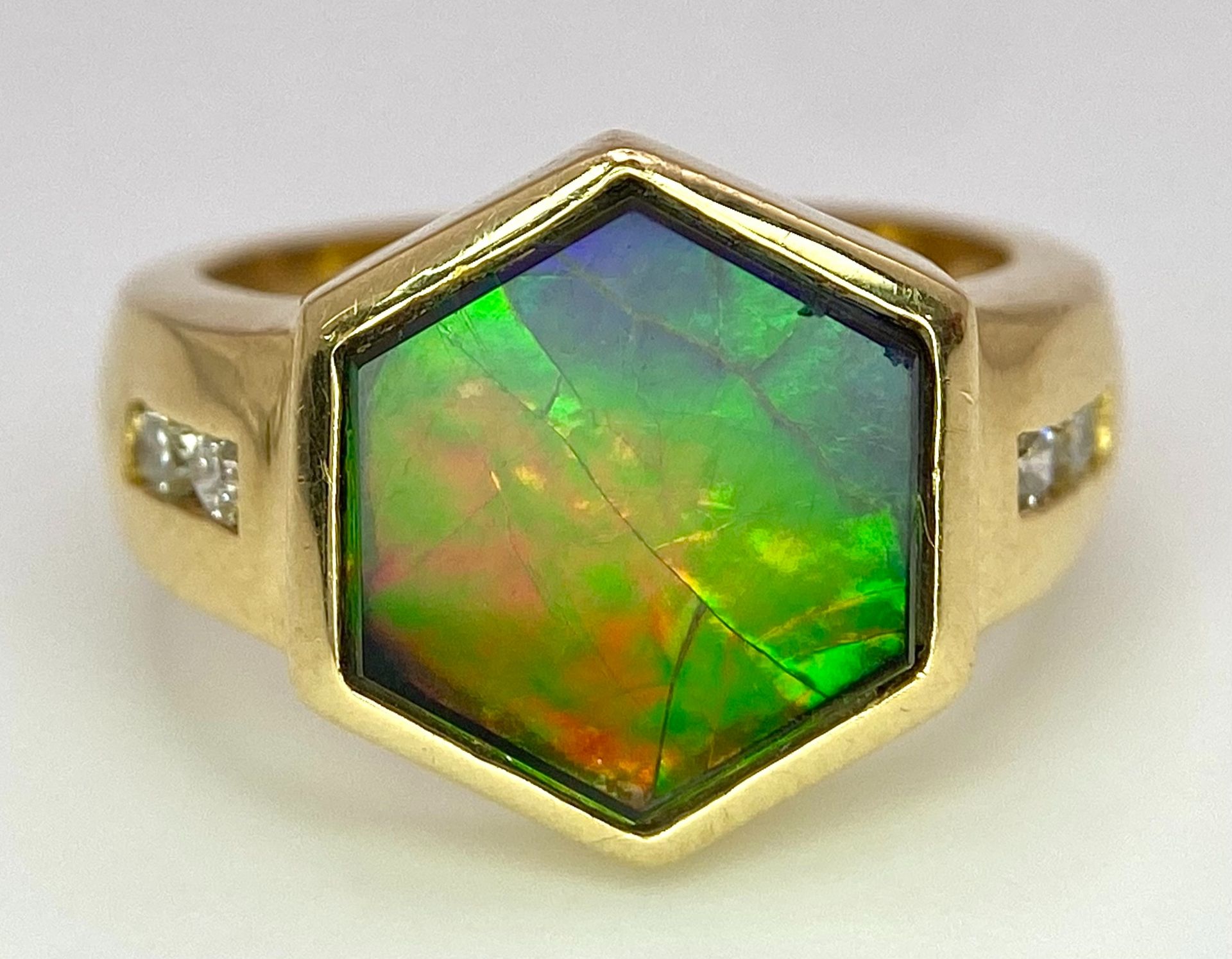 A Very Different, 14K Gold, Ammolite and Diamond Ring. Hexagonal shape. Size L. 6.3g total weight. - Image 4 of 9