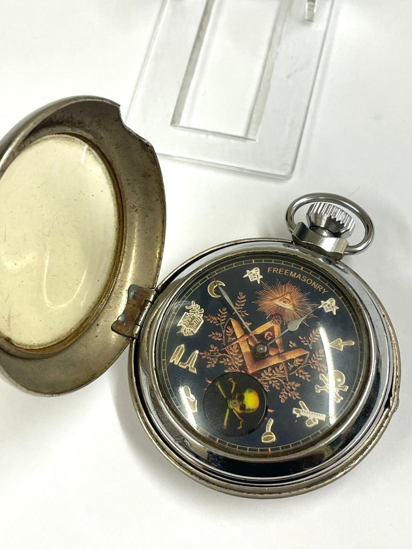 Vintage Masonic automaton pocket watch rotating skull & crossbones as watch ticks . Working - Image 3 of 3