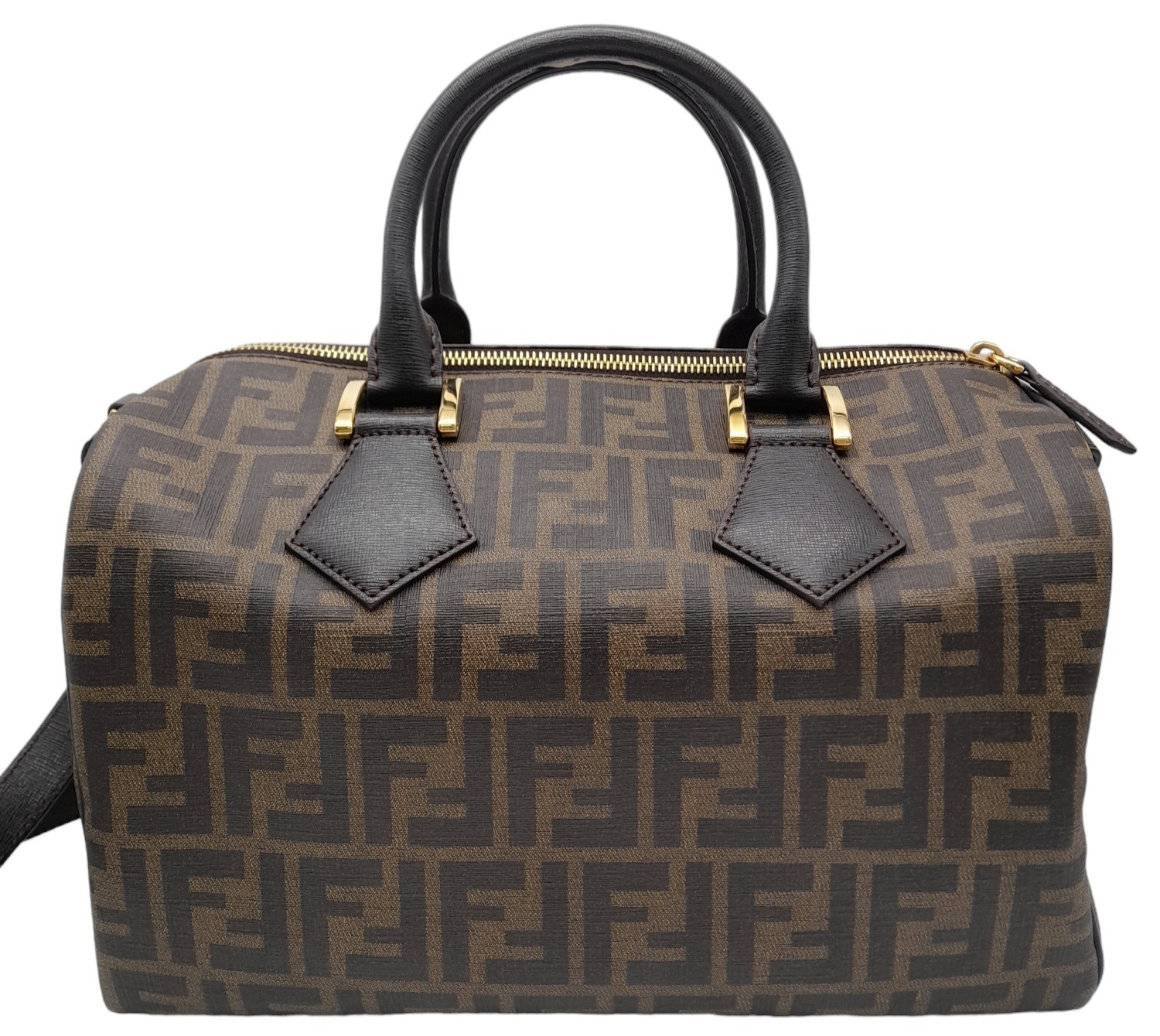 A Fendi Zucca Canvas Boston Bag. Canvas exterior, gold-tone hardware, adjustable strap, zipped top