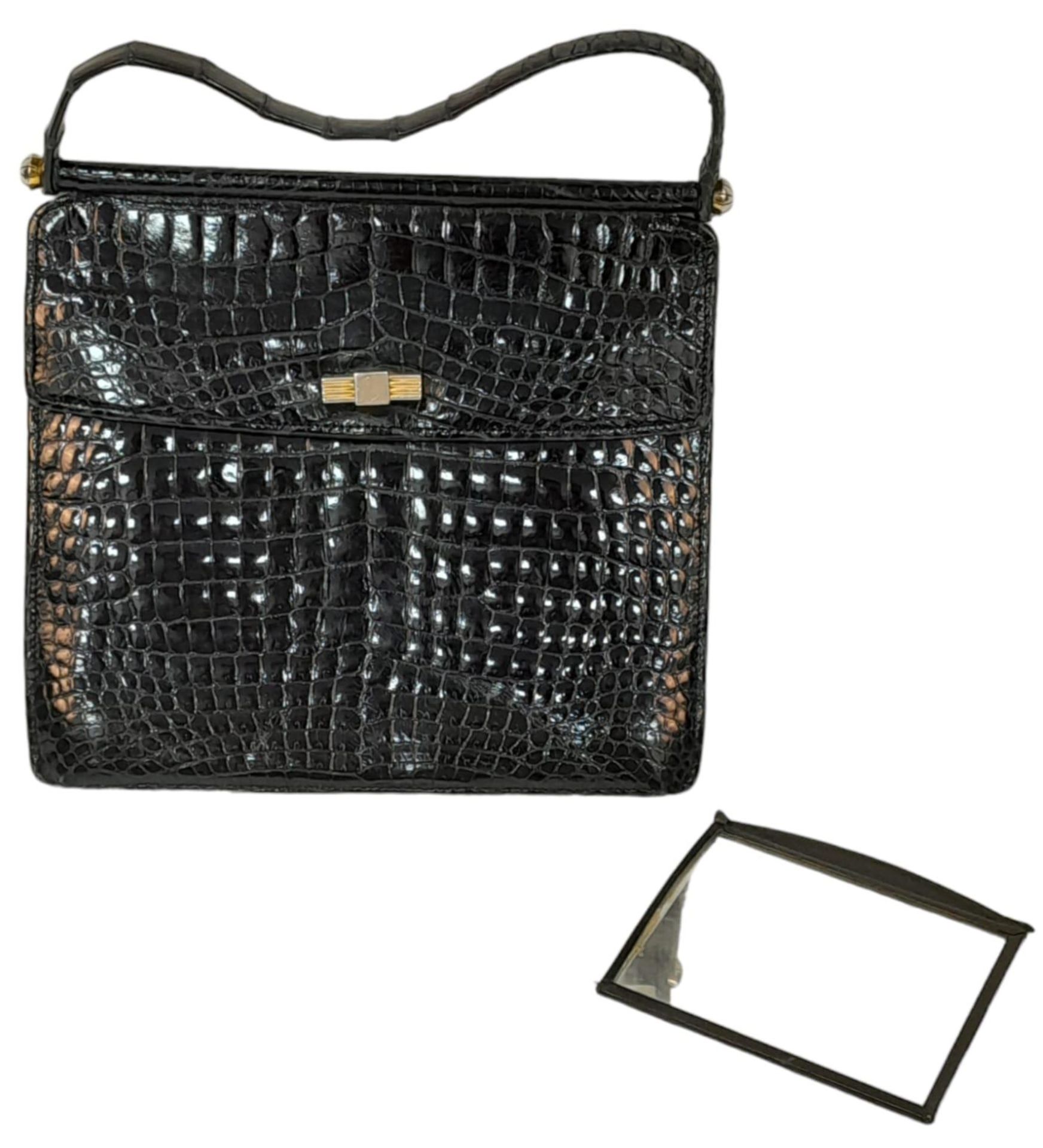 Two Crocodile Leather Hand Bags. Black crocodile bag has gold-toned hardware, a single strap and - Bild 4 aus 6