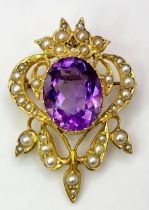 A 15K Yellow Gold Amethyst and Seed Pearl Brooch/Pendant. 1.8cm amethyst, 3.5cm length. 6.6g total