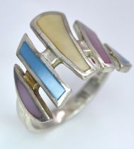 A Vintage Sterling Silver, Art Deco Design Mother of Pearl Set Ring. Size P. The Crown Measures 1.