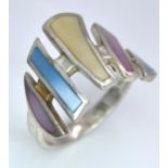 A Vintage Sterling Silver, Art Deco Design Mother of Pearl Set Ring. Size P. The Crown Measures 1.