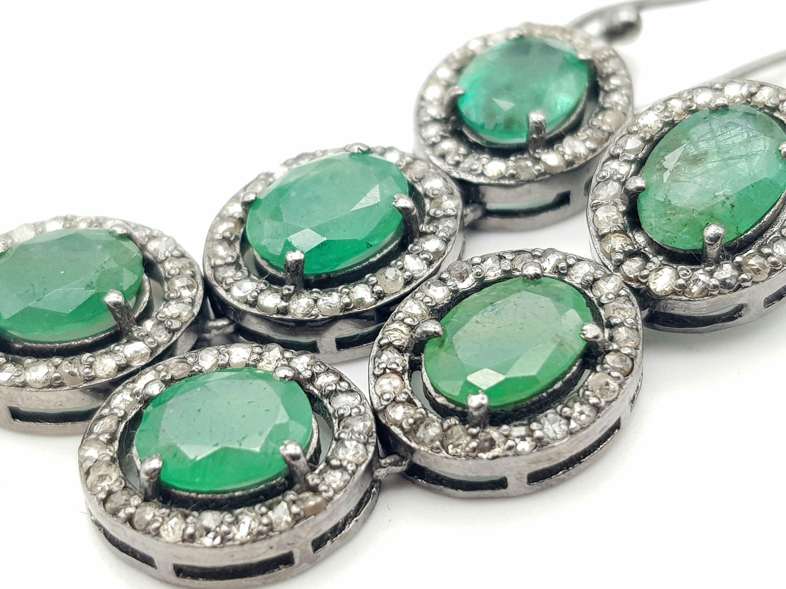 A Pair of Emerald Gemstone Drop Earrings with Halos of Diamonds. Set in 925 Silver. Emeralds - - Image 2 of 4