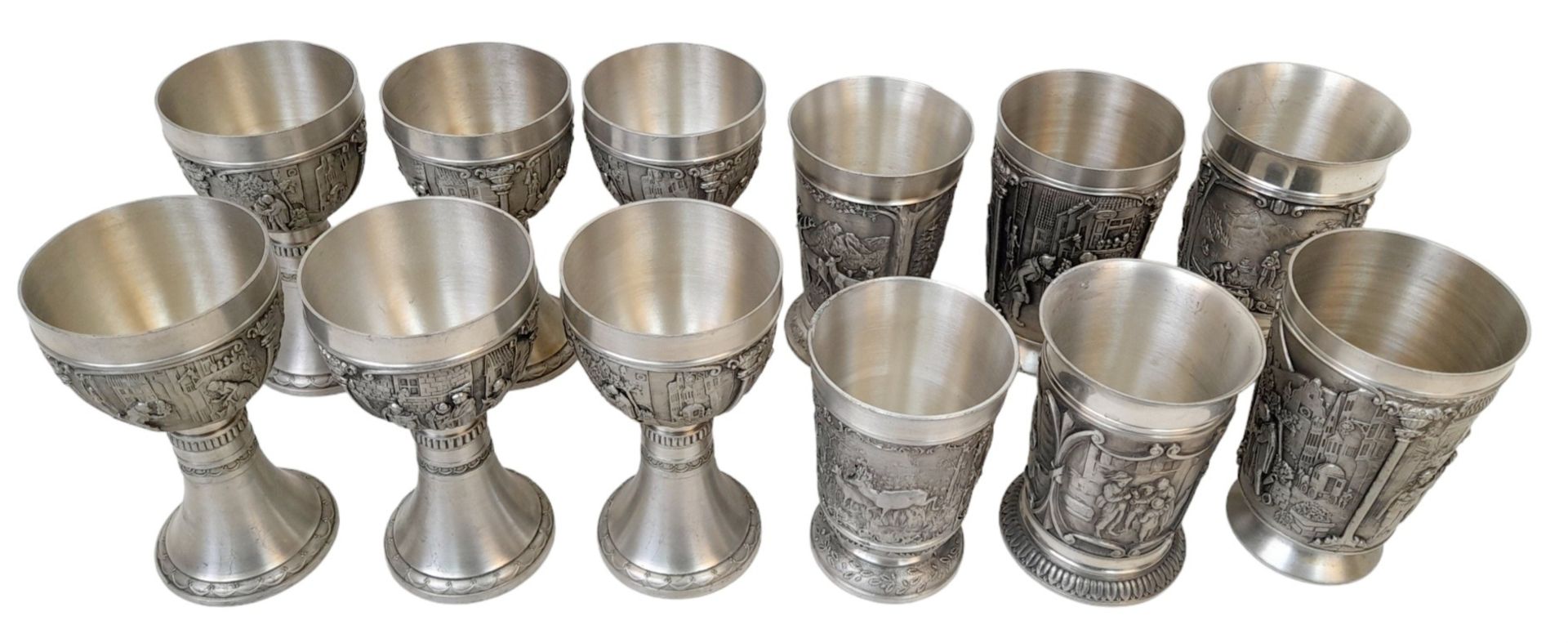 Two Sets (12 total) of German Zinn Ornate Pewter Cups. Six goblets and six slightly different - Bild 2 aus 5