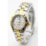 A TAG-HEUER LADIES BI-METAL "AQUARACER" WITH MOTHER OF PEARL DIAL AND DIAMOND NUMERALS , COMES IN