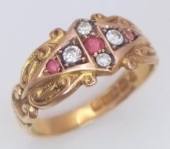 AN ANTIQUE 15K YELLOW GOLD ANTIQUE DIAMOND & RUBY RING. 3G. SIZE L. HALLMARKED CHESTER 1904.